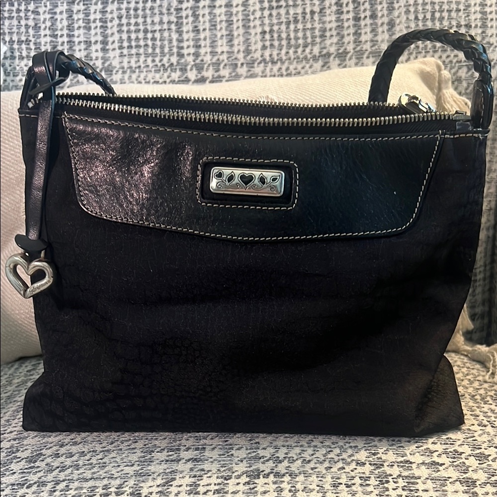 Brighton Black Shoulder Bag with Silver Accents and Top Zipper